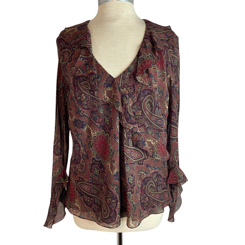Lauren Ralph Lauren Silk Top 1X-2X Paisley Ruffle V-Neck Sheer Boho Festival Y2K